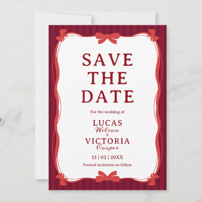 Burgundy Whimsical Red Bow Save The Date Invitation (Front)