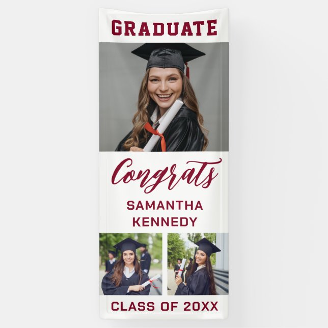 Burgundy & White 3 Photo Vertical Graduation 2025 Banner (Vertical)