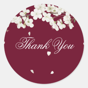 Burgundy White Blossom Floral Thank You Favour Classic Round Sticker