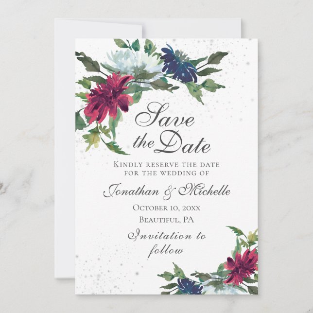 Burgundy White Blue Elegant Floral Wedding  Save The Date (Front)