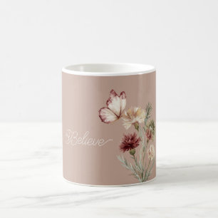 Burgundy White Butterfly Flowers Coffee Mug