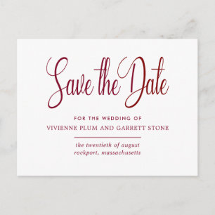 Burgundy & White Calligraphy Wedding Save the Date Invitation Postcard