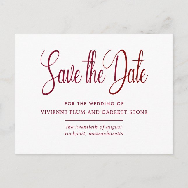 Burgundy & White Calligraphy Wedding Save the Date Invitation Postcard (Front)