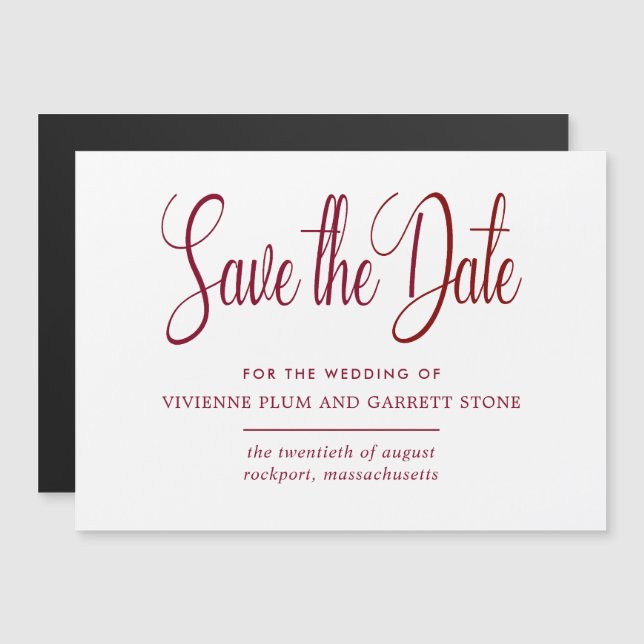 Burgundy & White Calligraphy Wedding Save the Date Magnetic Invitation (Front/Back)