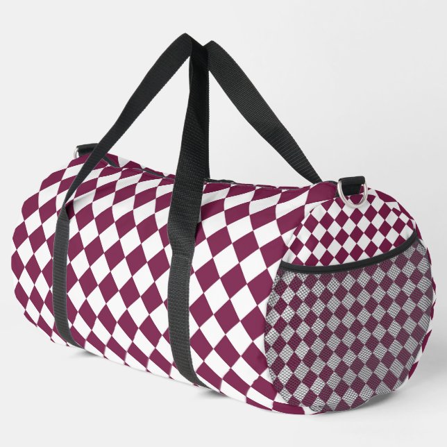 Burgundy White Checker Diamond Pattern Large Duffle Bag (Right Corner)