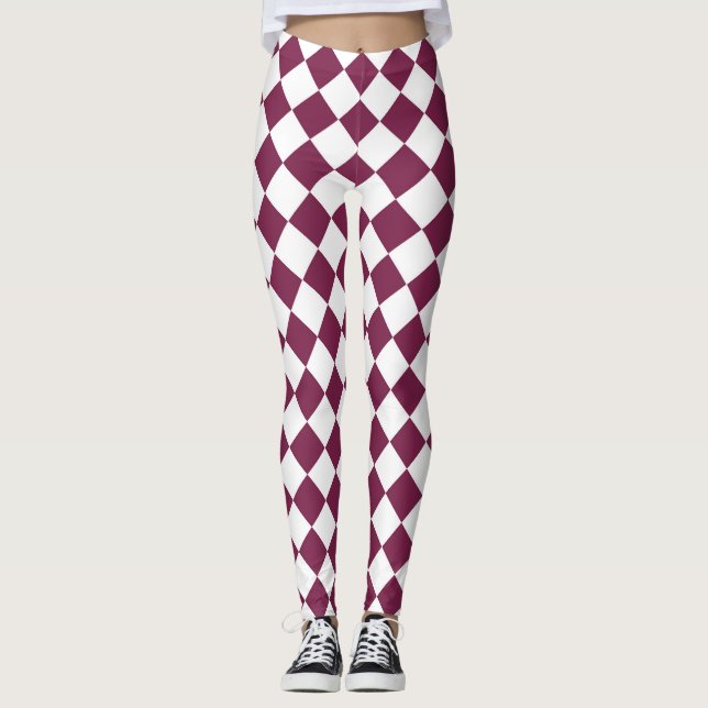 Burgundy White Checker Diamond Pattern Leggings (Front)