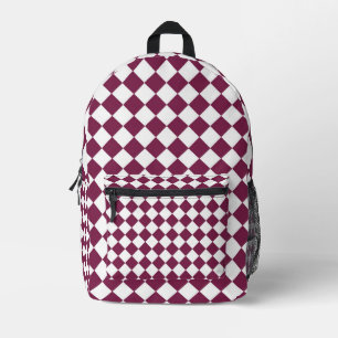 Burgundy White Checker Diamond Pattern Printed Backpack