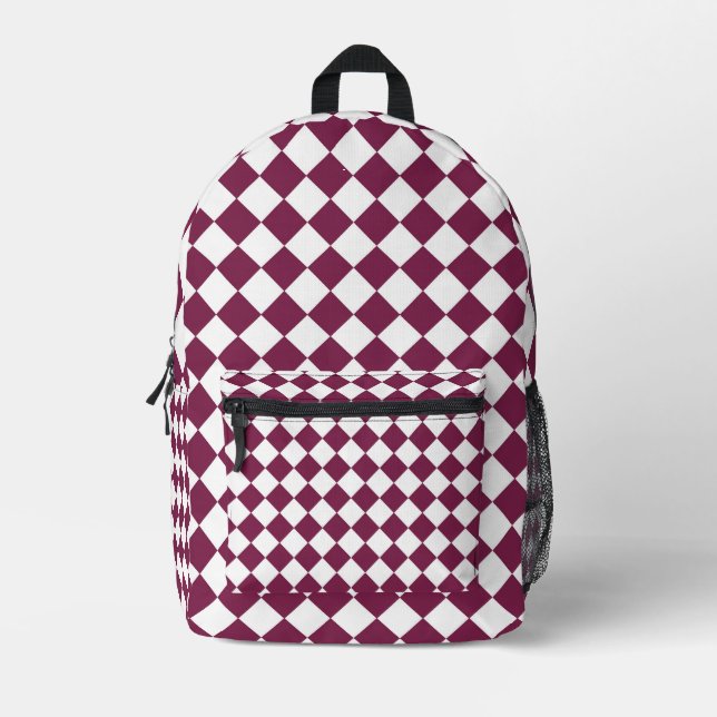 Burgundy White Checker Diamond Pattern Printed Backpack (Front)