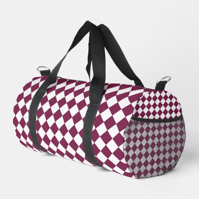 Burgundy White Checker Diamond Pattern Small Duffle Bag (Right Corner)