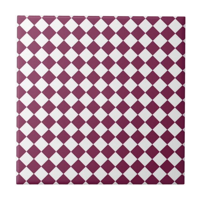 Burgundy White Chequered Diamond Pattern Tile (Front)