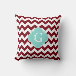 Burgundy White Chevron Aqua Quatrefoil Monogram Cushion