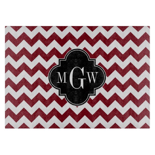 Burgundy White Chevron Black Quatrefoil 3 Monogram Cutting Board (Front)