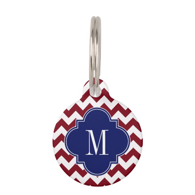Burgundy White Chevron Navy Quatrefoil Monogram Pet Tag (Front)