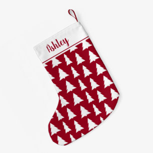 Burgundy White Christmas Tree Pattern Your Name Small Christmas Stocking