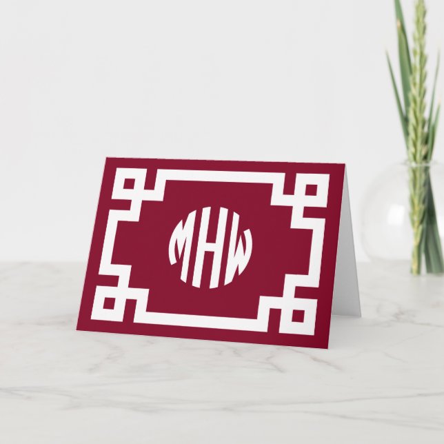 Burgundy White Circle Monogram Greek Key DIY BG Card (Front)
