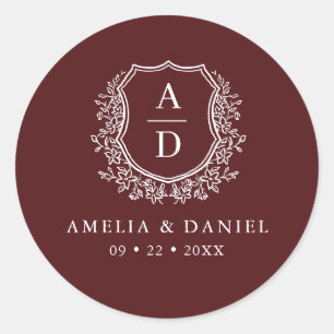 Burgundy White Crest Modern Monogram Wedding  Classic Round Sticker