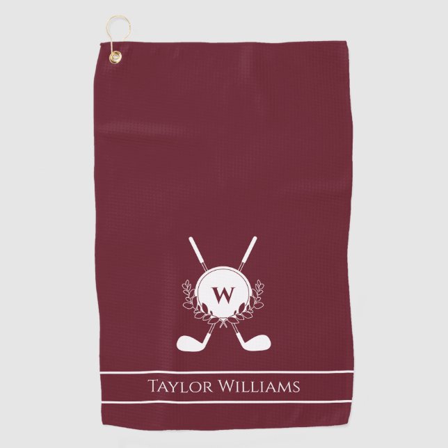 Burgundy White Crossed Golf Clubs Wreath Monogram Golf Towel (Front)
