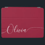 Burgundy White Elegant Calligraphy Script Name iPad Air Cover<br><div class="desc">Burgundy White Elegant Calligraphy Script Custom Personalised Add Your Own Name iPad Air Cover features a modern and trendy simple and stylish design with your personalised name or initials in elegant hand written calligraphy script typography on a burgundy background. Perfect gift for birthday, Christmas, Mother's Day and stylish enough for...</div>