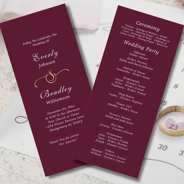 Burgundy White Elegant Script Fall Winter Wedding  Programme (Creator Uploaded)