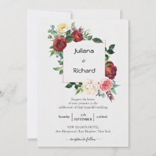 Burgundy White Floral   Bouquet Frame Wedding Invitation