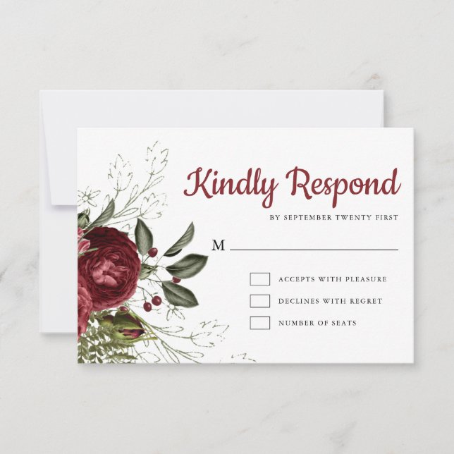 Burgundy & White Floral Chic Wedding RSVP Card (Front)