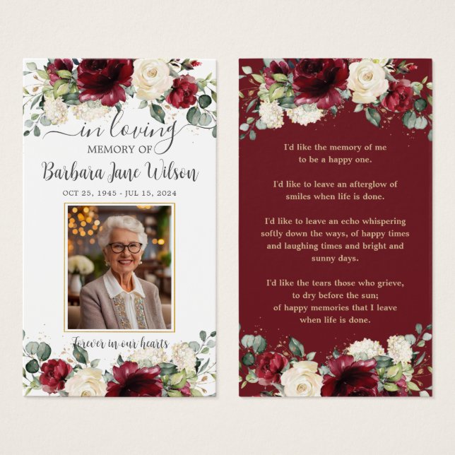 Burgundy White Floral Funeral Memorial Bookmark (Front & Back)