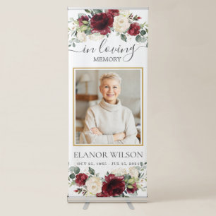 Burgundy White Floral Funeral Memorial Picture Retractable Banner