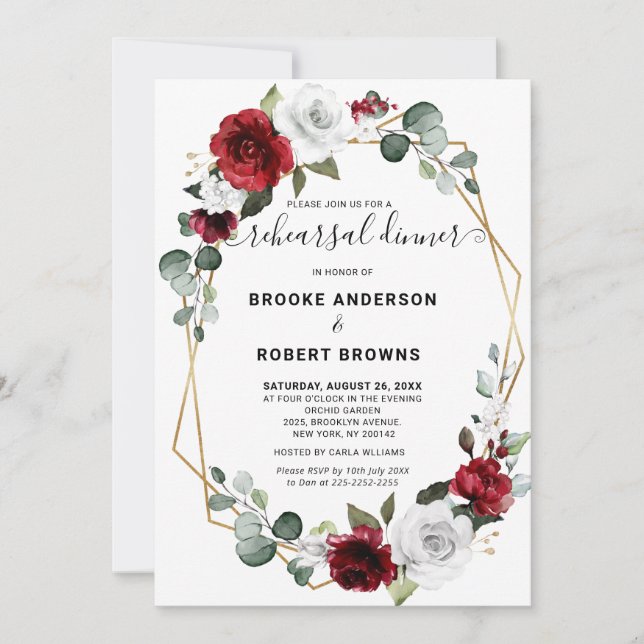Burgundy White Floral Geometric Rehearsal Dinner Invitation (Front)
