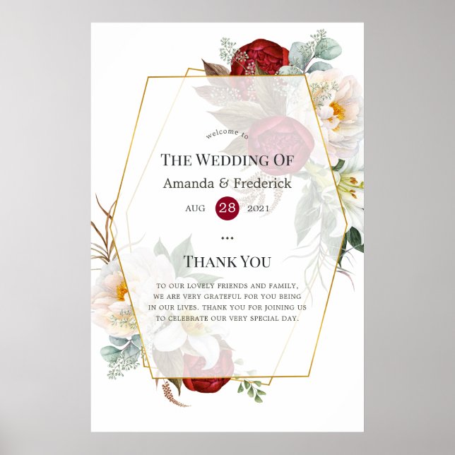 Burgundy & White Floral Geometric Wedding Welcome Poster (Front)