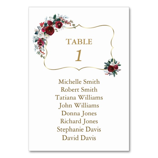 Burgundy White Floral Gold Baptism Seating Chart   Table Number (Back)