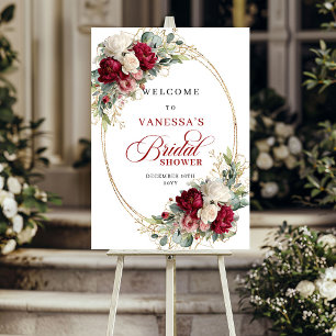 Burgundy white floral gold border bridal shower  poster