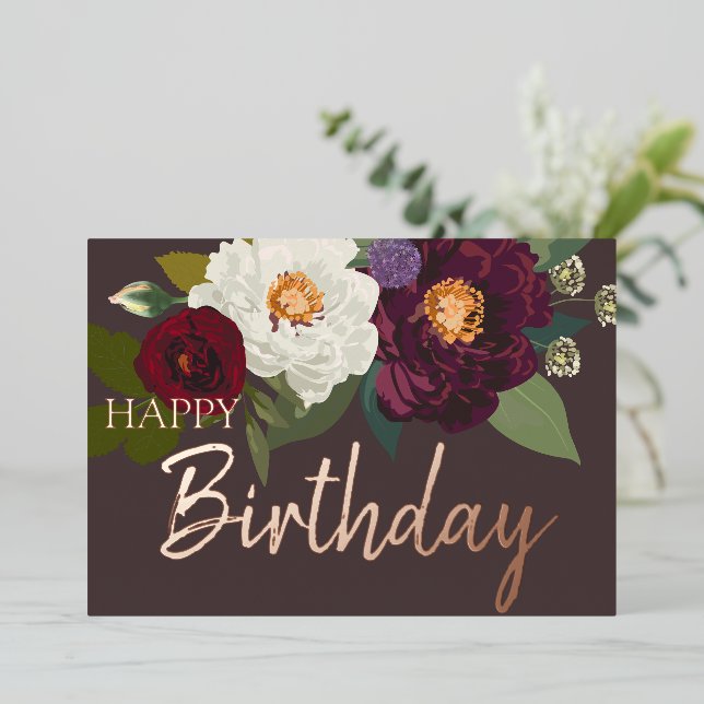 Burgundy White Floral Happy Birthday Real Gold Foil Holiday Card (Standing Front)