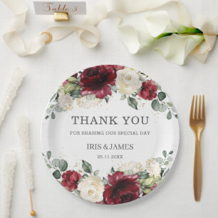 Burgundy White Floral Rose Wedding Shower Birthday Paper Plate