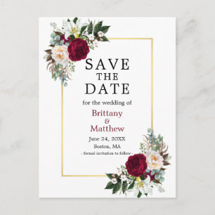 Burgundy White Floral Save The Date Gold Frame Postcard
