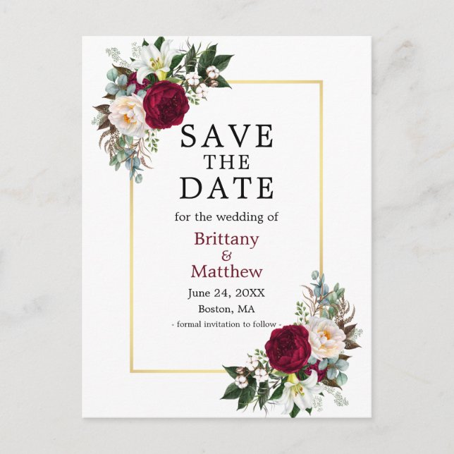 Burgundy White Floral Save The Date Gold Frame Postcard (Front)