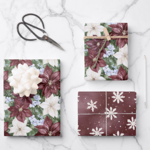 Burgundy White Floral Snowflakes Christmas Wrapping Paper Sheet