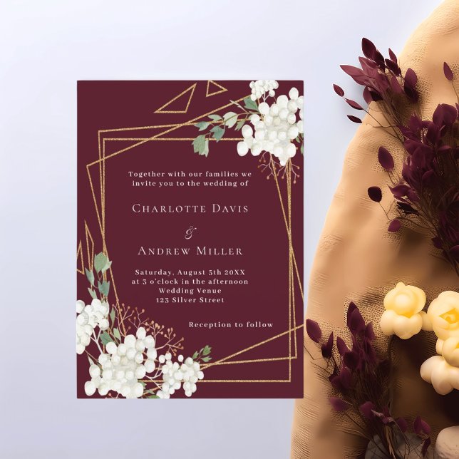 Burgundy white florals gold geometric wedding invitation (Creator Uploaded)