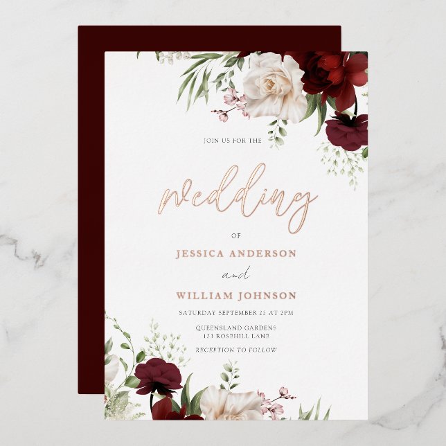 Burgundy & White Flowers Rose Gold Foil Wedding (Front/Back)