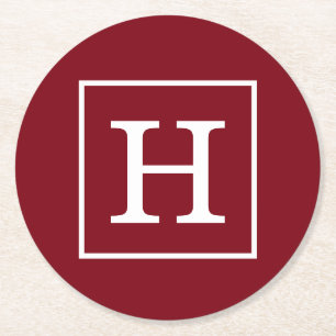 Burgundy White Framed Initial Monogram Round Paper Coaster