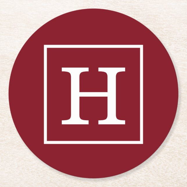 Burgundy White Framed Initial Monogram Round Paper Coaster (Front)