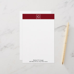 Burgundy White Framed Initial Monogram Stationery