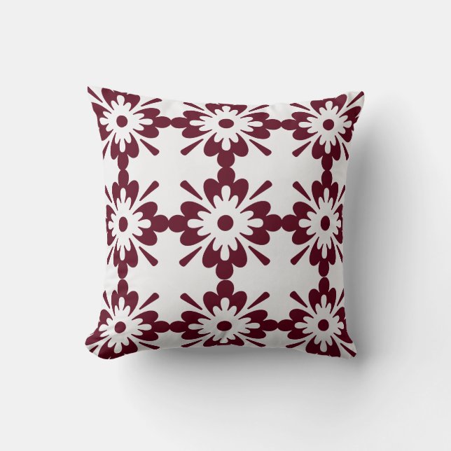 Burgundy & White Geometric Floral Pattern Cushion (Front)