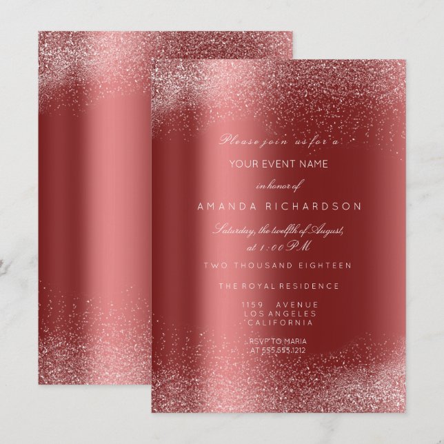 Burgundy White Glitter Leafs Sand Frame Glam Invitation (Front/Back)