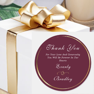 Burgundy White Gold Elegant Script Thank You Classic Round Sticker
