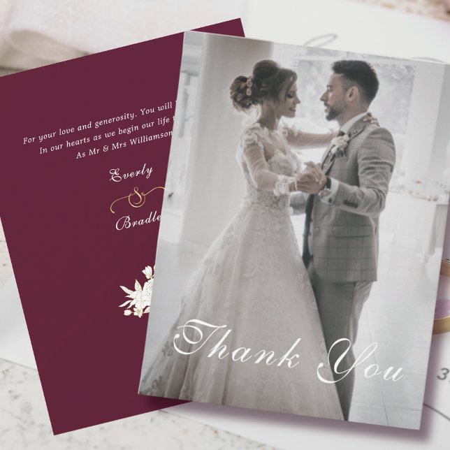 Burgundy White Gold Floral Wedding Thank You Invitation (Creator Uploaded)