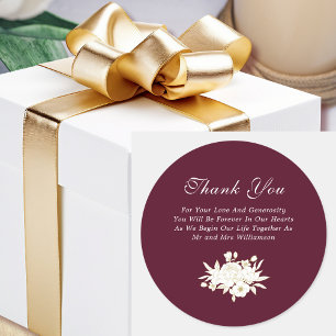 Burgundy White Gold Roses Elegant Thank You Classic Round Sticker