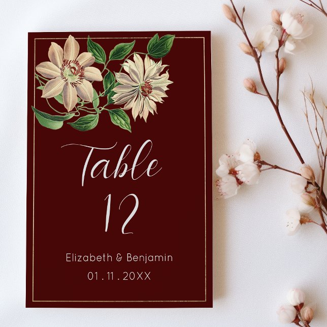 Burgundy white green floral botanic Table Numbers  (Burgundy white green floral botanic Table Numbers)