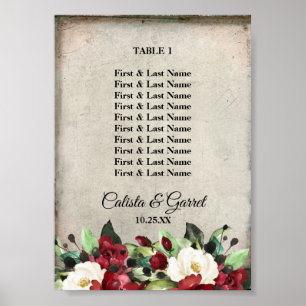 Burgundy White Green Floral   Grey Grunge Poster