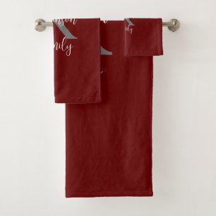 Burgundy White Grey Family Name Monogram Bath Towel Set