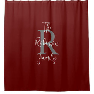 Burgundy White Grey Family Name Monogrammed  Shower Curtain